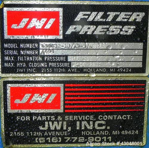 Used JWI Filter Press, Model 630G32-10/13-3/4SYLS. (25) 24.8'' x 24.8'' x 2-1/2'' Thick x 1/2'' recess polypropylene plates, (1) head, (1) tail plate. Approximately105.3 square feet filter area, 8.7 ...