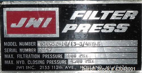 Used JWI Filter Press, Model 630G32-10/13-3/4SYLS. (25) 24.8'' x 24.8'' x 2-1/2'' Thick x 1/2'' recess polypropylene plates, (1) head, (1) tail plate. Approximately105.3 square feet filter area, 8.7 ...