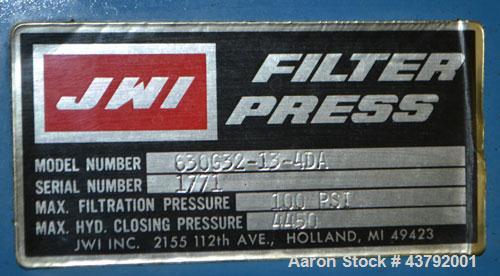 Used- JWI "J" Press Filter Press, Model 630G32-13-4DA. Requires polyproplene plates, includes (1) tail plate. 100 Psi maximu...