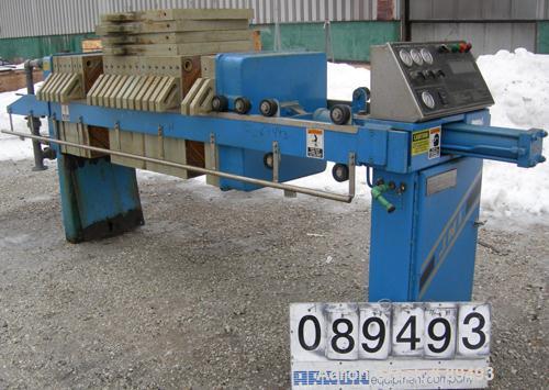 USED: JWI filter press, model 630G32-20-27-6-8SYLS. (22) 630 mm x 630 mm (24.8" x 24.8") gasketed polypropylene plates, approximate 1/2" deep recess each side. Total filter area approximately 147 squ...