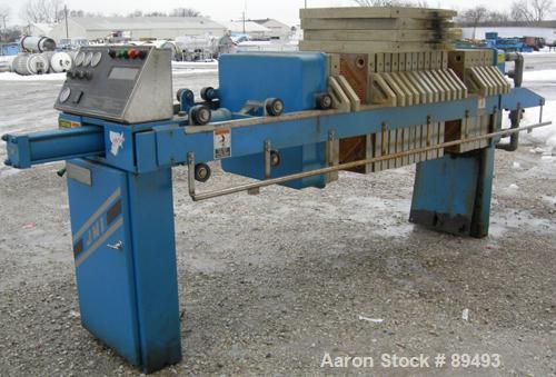 USED: JWI filter press, model 630G32-20-27-6-8SYLS. (22) 630 mm x 630 mm (24.8" x 24.8") gasketed polypropylene plates, approximate 1/2" deep recess each side. Total filter area approximately 147 squ...
