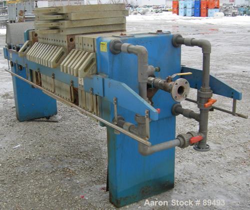 USED: JWI filter press, model 630G32-20-27-6-8SYLS. (22) 630 mm x 630 mm (24.8" x 24.8") gasketed polypropylene plates, approximate 1/2" deep recess each side. Total filter area approximately 147 squ...