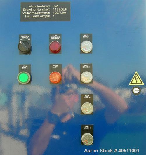 Used JWI J Press Filter Press, Model 630G32-29-8SYLW. (29) 25" x 25" x 2 1/2" thick x 1/2" recess polypropylene plates, (1) head, (1) tail plate. Approximately 121.53 square feet filter area, 10.13 c...