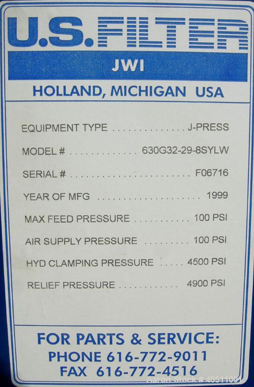 Used JWI J Press Filter Press, Model 630G32-29-8SYLW. (29) 25" x 25" x 2 1/2" thick x 1/2" recess polypropylene plates, (1) head, (1) tail plate. Approximately 121.53 square feet filter area, 10.13 c...