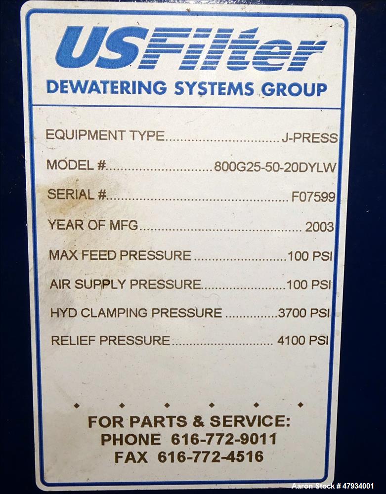 Used JWI J-Press Filter Press, Model 800G25-50-20DYLW.