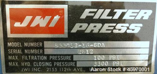 Used JWI Filter Press, Model 800G32-16-8DA.  (17) 31-1/2” x 31-1/2” (800 mm x 800 mm) polypropylene plates, approximate ½” recess, (1) head, (1) tail plate.  Approximately 93 square feet filter area,...