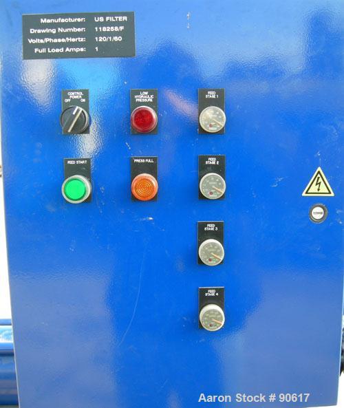 USED: US Filter filter press, model 800G32-39-20SYLW.  (40) 800 mm x 800 mm polypropylene plates. Approximate filter area 415 square feet, approximate 20 cubic feet cake capacity. Maximum inlet feed ...
