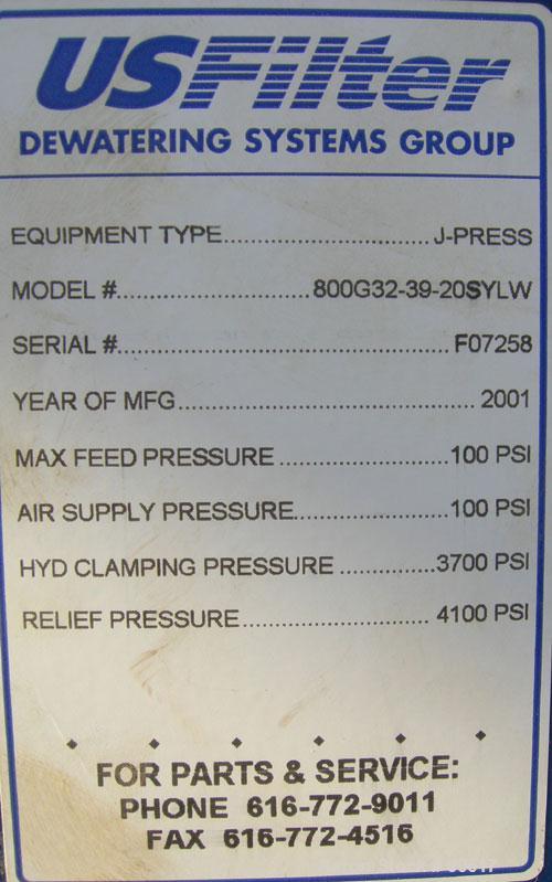 USED: US Filter filter press, model 800G32-39-20SYLW.  (40) 800 mm x 800 mm polypropylene plates. Approximate filter area 415 square feet, approximate 20 cubic feet cake capacity. Maximum inlet feed ...