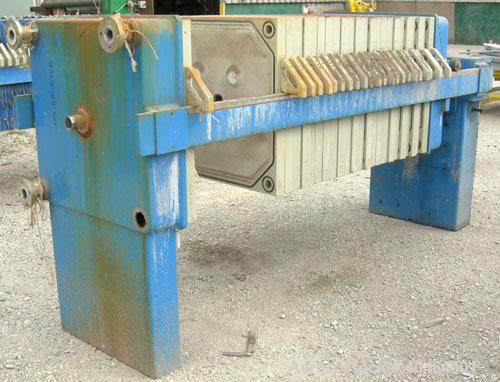 Used JWI filter press, model 800G32-23-11/5DA.  (24) 31 1/2" x 31 1/2" (800 mm x 800 mm) polypropylene plates, approximate 1" cake.  Approximate 125.22 square feet filter area, 10.44 cubic feet capac...