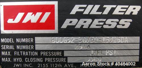Used- JWI Filter Press, Model 800G32-30/50-15/25DA.(31) 31 1/2" x 31 1/2" (800 mm x 800 mm) polypropylene plates, approximat...