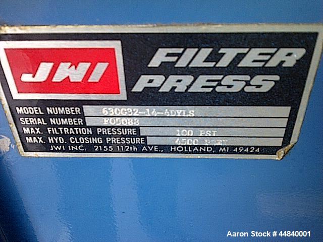 Used JWI Filter Press, Model J Press, 630G32-14-4DYLS, (14) polypropylene recess plates. Caulked and gasketed. Approx. 5 ft3 cake capacity, Approx. 56 ft2 of filtration area.