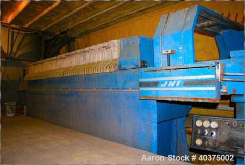 Used JWI filter press, 75 cubic feet, 1200G32-62-755A, 3506. Max filtration pressure 100 psi, hydraulic closing pressure 2800 psi. Contains new filter cloths.
