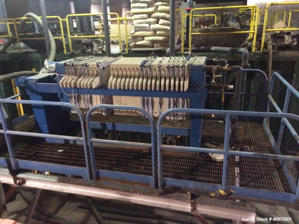 Used JWI Filter Press. 10 cubic foot, elevated stand for roll of box. Press has 800 mm plates, 23 plates plus head and tail.