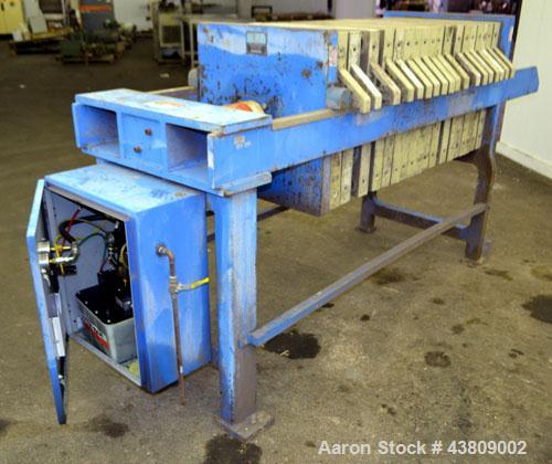 Used Lanco Environmental Products Filter Press, Model 4-5A. (16) Approximately 24-5/8" X 24-5/8" polypropylene plates, (1) head, (1) tail. Filter area approximate 22-1/2" x 22-1/2" x 1/2" recess. App...