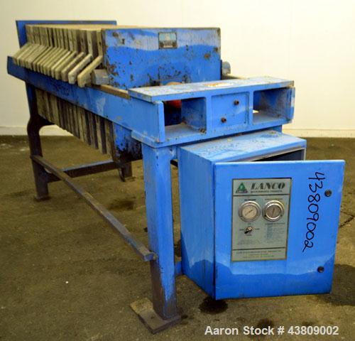 Used Lanco Environmental Products Filter Press, Model 4-5A. (16) Approximately 24-5/8" X 24-5/8" polypropylene plates, (1) head, (1) tail. Filter area approximate 22-1/2" x 22-1/2" x 1/2" recess. App...