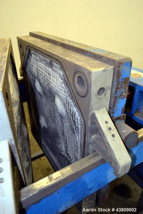 Used Lanco Environmental Products Filter Press, Model 4-5A. (16) Approximately 24-5/8" X 24-5/8" polypropylene plates, (1) head, (1) tail. Filter area approximate 22-1/2" x 22-1/2" x 1/2" recess. App...
