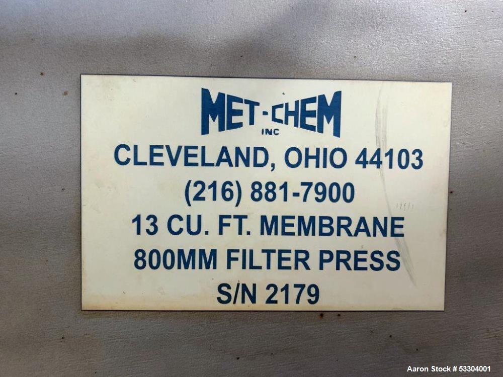 Used Met-Chem 800mm Filter Press – 21 Polypropylene Plates, 13 Cu. Ft. Capacity