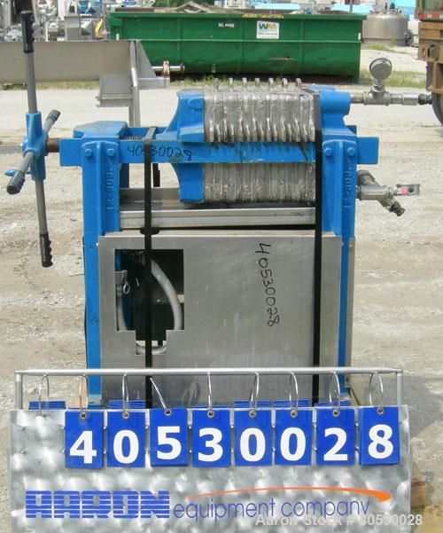 Used Plate and Frame Filter Press, 316 stainless steel. (7) 11"  X 11"  x 5/8" thick plates, (7) 11" x 11" 1" thick frames, (1) head, (1) tail plate. Approximately  11.76 square feet filter area,  .5...