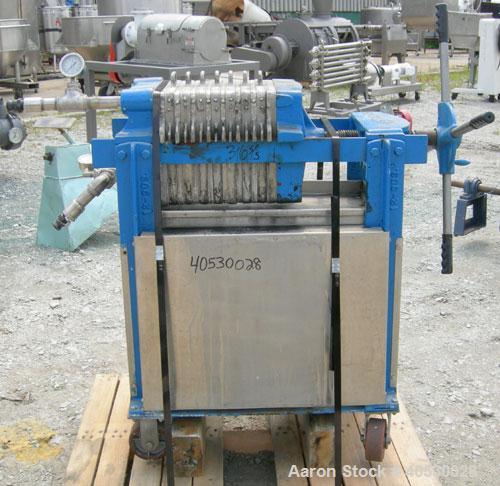 Used Plate and Frame Filter Press, 316 stainless steel. (7) 11"  X 11"  x 5/8" thick plates, (7) 11" x 11" 1" thick frames, (1) head, (1) tail plate. Approximately  11.76 square feet filter area,  .5...