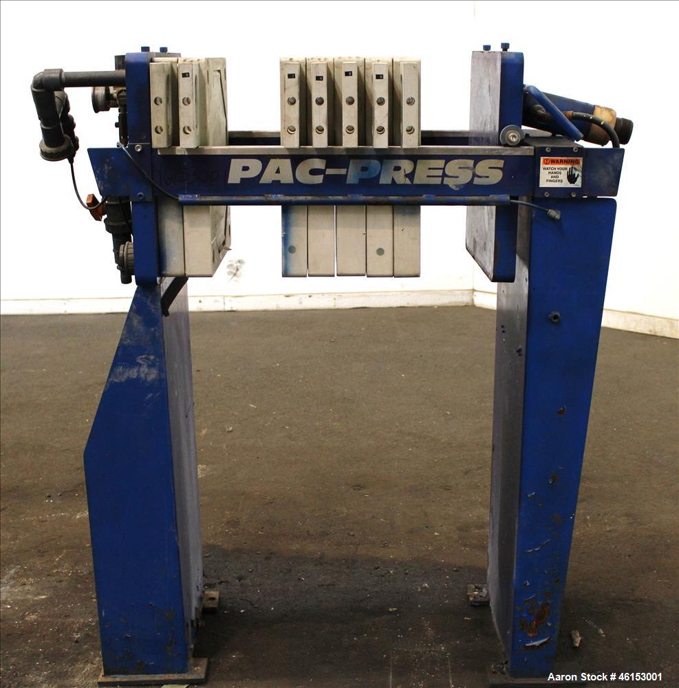 Used Pacific Press Pac-Press Filter Press, Model PAC-470G-1SP2, Carbon Steel. 18.2 Square feet surface area, 1 cubic foot cake capacity, 100 psi maximum filter pressure. (7) 18-1/2" x 18-1/2" polypro...