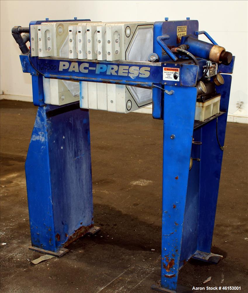 Used Pacific Press Pac-Press Filter Press, Model PAC-470G-1SP2, Carbon Steel. 18.2 Square feet surface area, 1 cubic foot cake capacity, 100 psi maximum filter pressure. (7) 18-1/2" x 18-1/2" polypro...