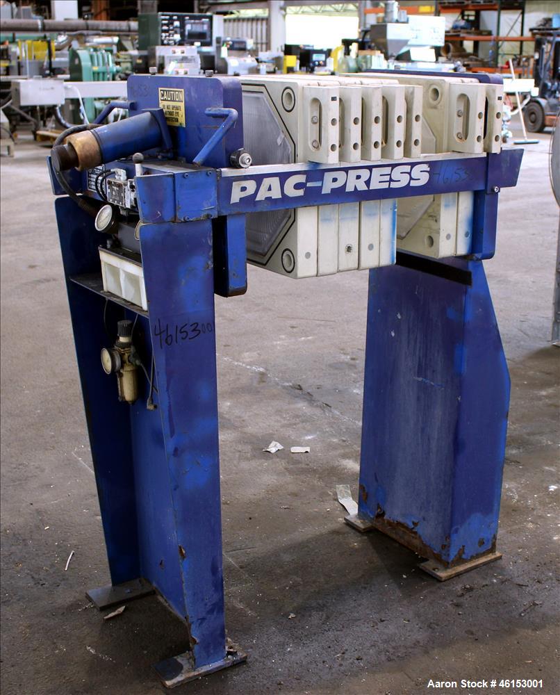 Used Pacific Press Pac-Press Filter Press, Model PAC-470G-1SP2, Carbon Steel. 18.2 Square feet surface area, 1 cubic foot cake capacity, 100 psi maximum filter pressure. (7) 18-1/2" x 18-1/2" polypro...