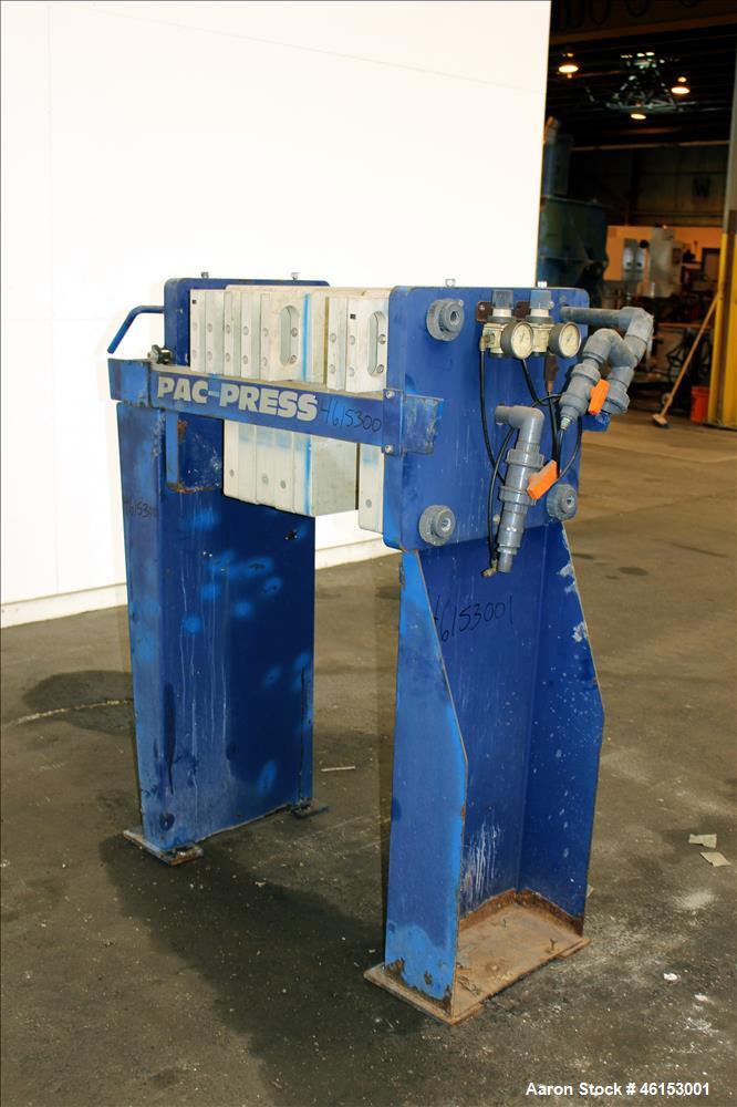 Used Pacific Press Pac-Press Filter Press, Model PAC-470G-1SP2, Carbon Steel. 18.2 Square feet surface area, 1 cubic foot cake capacity, 100 psi maximum filter pressure. (7) 18-1/2" x 18-1/2" polypro...