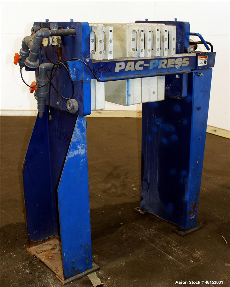 Used Pacific Press Pac-Press Filter Press, Model PAC-470G-1SP2, Carbon Steel. 18.2 Square feet surface area, 1 cubic foot cake capacity, 100 psi maximum filter pressure. (7) 18-1/2" x 18-1/2" polypro...