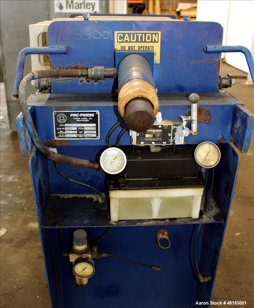 Used Pacific Press Pac-Press Filter Press, Model PAC-470G-1SP2, Carbon Steel. 18.2 Square feet surface area, 1 cubic foot cake capacity, 100 psi maximum filter pressure. (7) 18-1/2" x 18-1/2" polypro...