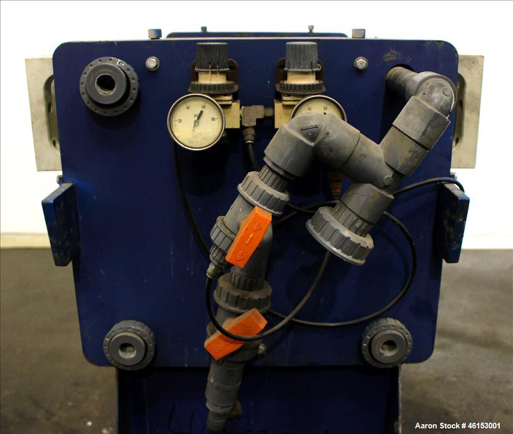 Used Pacific Press Pac-Press Filter Press, Model PAC-470G-1SP2, Carbon Steel. 18.2 Square feet surface area, 1 cubic foot cake capacity, 100 psi maximum filter pressure. (7) 18-1/2" x 18-1/2" polypro...