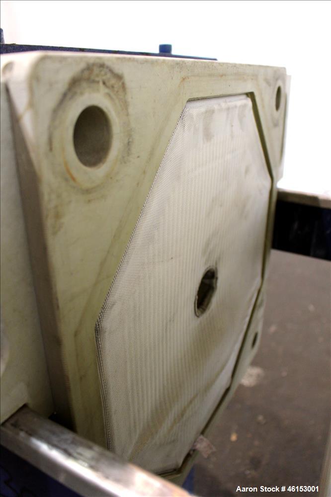 Used Pacific Press Pac-Press Filter Press, Model PAC-470G-1SP2, Carbon Steel. 18.2 Square feet surface area, 1 cubic foot cake capacity, 100 psi maximum filter pressure. (7) 18-1/2" x 18-1/2" polypro...