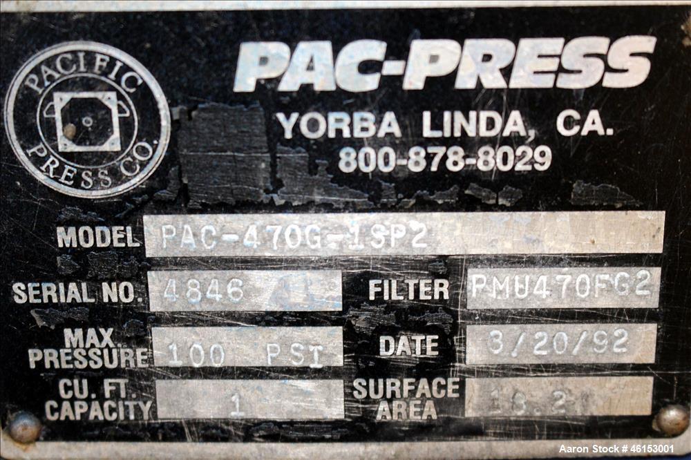 Used Pacific Press Pac-Press Filter Press, Model PAC-470G-1SP2, Carbon Steel. 18.2 Square feet surface area, 1 cubic foot cake capacity, 100 psi maximum filter pressure. (7) 18-1/2" x 18-1/2" polypro...