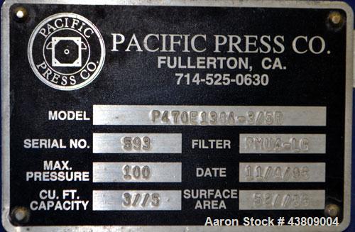Used Pacific Press Filter Press Skeleton Only, Model P470E138A-3/5R. Requires 470mm plates. Maximum filter area 52-86 square feet, maximum cake capacity 3-5 cubic feet. Includes an automatic pump con...