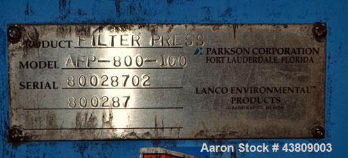 Used Parkson Lanco Environmental Products Filter Press, Model AFP-800-100. (21) Approximately 31-3/8" X 31-3/8" polypropylene plates, (1) head, (1) tail. Filter area approximate 28-1/2" x 28-1/2" x 1...