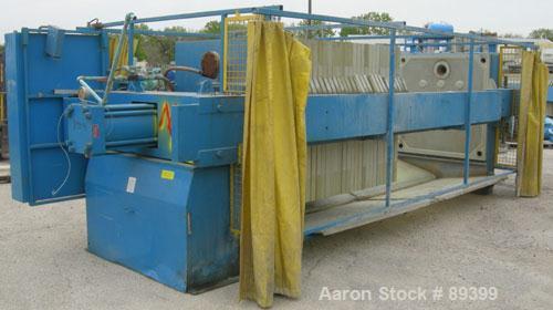 USED: Perrin filter press, (50) 59" x 59" polypropylene plates, approximate 1" cake. Approximate 82.69 cubic feet cake capacity, approximate 992.25 square feet of filter area. 3000 PSI cylinder closi...