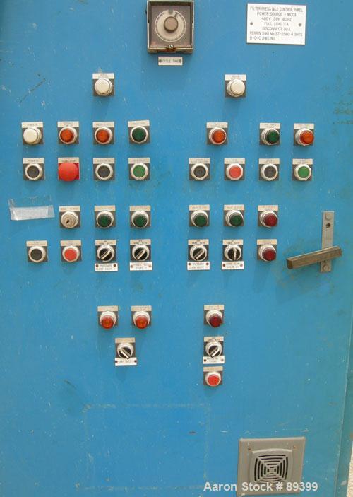 USED: Perrin filter press, (50) 59" x 59" polypropylene plates, approximate 1" cake. Approximate 82.69 cubic feet cake capacity, approximate 992.25 square feet of filter area. 3000 PSI cylinder closi...