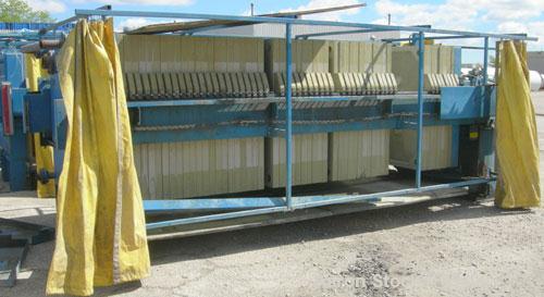 USED: Perrin filter press, (52) 59" x 59" polypropylene plates, approximate 1" cake. Approximate 86 cubic feet cake capacity, approximate 1,032.75 square feet of filter area. 3000 PSI cylinder closin...