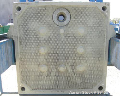 USED: Perrin filter press, (52) 59" x 59" polypropylene plates, approximate 1" cake. Approximate 86 cubic feet cake capacity, approximate 1,032.75 square feet of filter area. 3000 PSI cylinder closin...