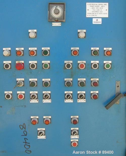 USED: Perrin filter press, (52) 59" x 59" polypropylene plates, approximate 1" cake. Approximate 86 cubic feet cake capacity, approximate 1,032.75 square feet of filter area. 3000 PSI cylinder closin...