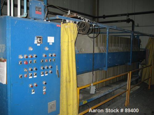 USED: Perrin filter press, (52) 59" x 59" polypropylene plates, approximate 1" cake. Approximate 86 cubic feet cake capacity, approximate 1,032.75 square feet of filter area. 3000 PSI cylinder closin...
