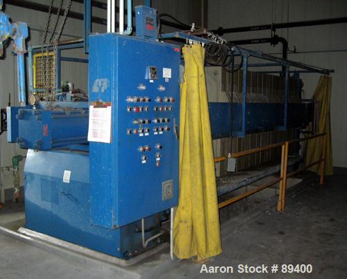 USED: Perrin filter press, (52) 59" x 59" polypropylene plates, approximate 1" cake. Approximate 86 cubic feet cake capacity, approximate 1,032.75 square feet of filter area. 3000 PSI cylinder closin...