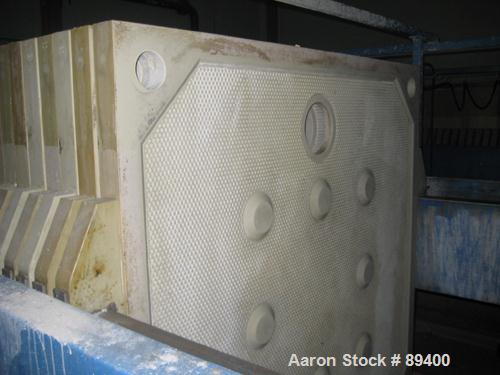 USED: Perrin filter press, (52) 59" x 59" polypropylene plates, approximate 1" cake. Approximate 86 cubic feet cake capacity, approximate 1,032.75 square feet of filter area. 3000 PSI cylinder closin...