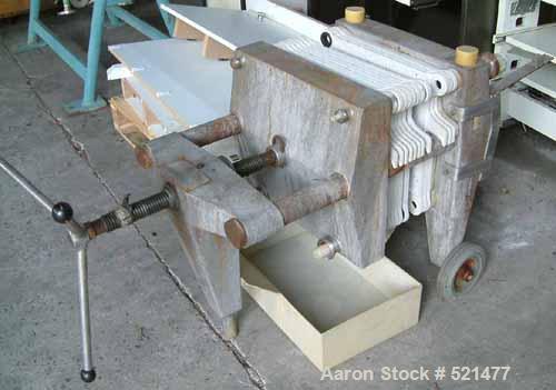 USED: Seitz Orion filter press, type Orion 15. 316 Ti stainless steel(1.4571) and PP on product contact parts. 12 pieces of 15" x 15"(390 mm x 390 mm) PP plates. Manual on wheels.