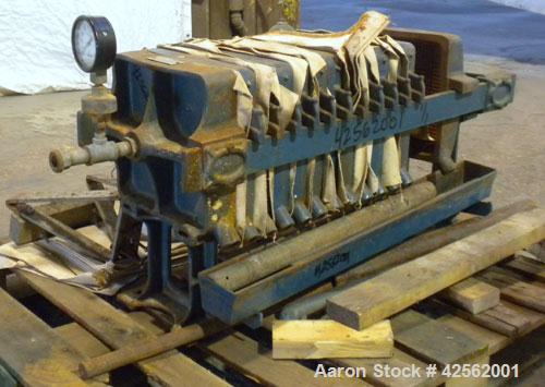 Used T. Shriver Filter Press, Size 12. (11) 12" x 12" Carbon steel plates, approximate 1" cake. Approximate 9.24 square feet filter area, (.77) cubic feet cake capacity. Center feed, end bottom disch...