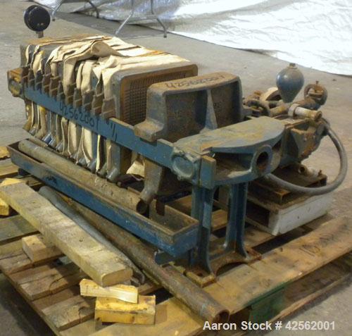 Used T. Shriver Filter Press, Size 12. (11) 12" x 12" Carbon steel plates, approximate 1" cake. Approximate 9.24 square feet filter area, (.77) cubic feet cake capacity. Center feed, end bottom disch...