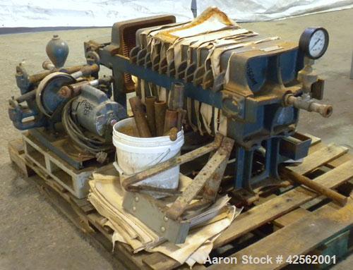 Used T. Shriver Filter Press, Size 12. (11) 12" x 12" Carbon steel plates, approximate 1" cake. Approximate 9.24 square feet filter area, (.77) cubic feet cake capacity. Center feed, end bottom disch...