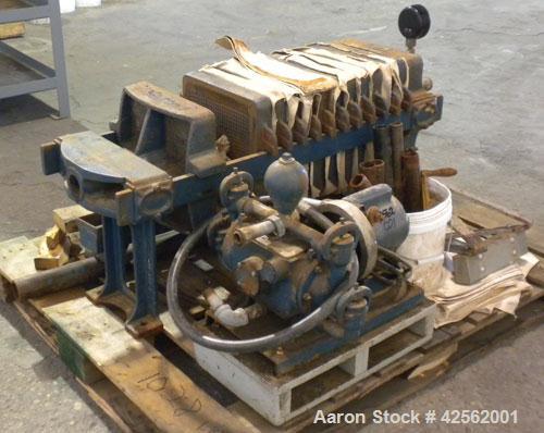 Used T. Shriver Filter Press, Size 12. (11) 12" x 12" Carbon steel plates, approximate 1" cake. Approximate 9.24 square feet filter area, (.77) cubic feet cake capacity. Center feed, end bottom disch...