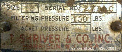 Used T. Shriver Filter Press, Size 12. (11) 12" x 12" Carbon steel plates, approximate 1" cake. Approximate 9.24 square feet filter area, (.77) cubic feet cake capacity. Center feed, end bottom disch...