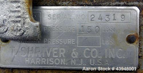 Used T. Shriver Filter Press, Size 12, 316 Stainless Steel.  (12) 12" x 12" x 1” thick frames, (14) 12” x 12” x 1/2” thick plates, (1) end frame.  Approximately 22 square feet filter area, 0.91 cubic...