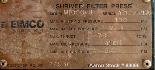 USED: Eimco Shriver filter press, model M1000FB. Carbon steel frame. (40) 39.3" x 39.3" x approximately 2-1/2" thick x approximately 1/2" recess polypropylene plates, (1) head plate, (1) tail plate. ...